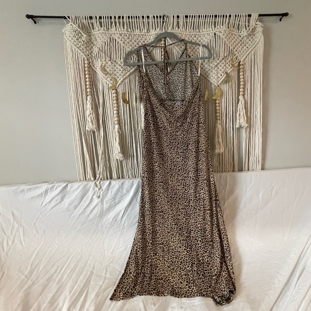 Self Tie Backless Drawstring Split Thigh Leopard Dress